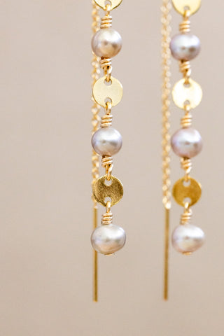 Silver Pearl & Coin Chain Ear Threaders