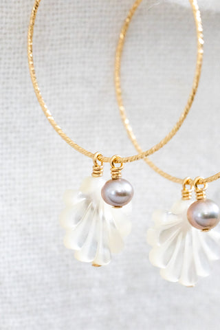 Fan Flower Silver Pearl Twisted Hoops