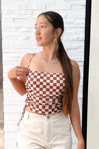 Brown Checkered Side Tie Top