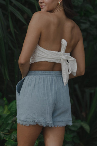 Blue Frayed Hem Cotton Shorts